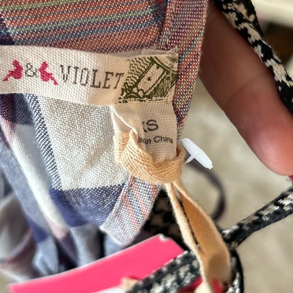 NWT violet color block Pattern Dress beige buffalo fringe hem cottage core XS D2 - Picture 8 of 10